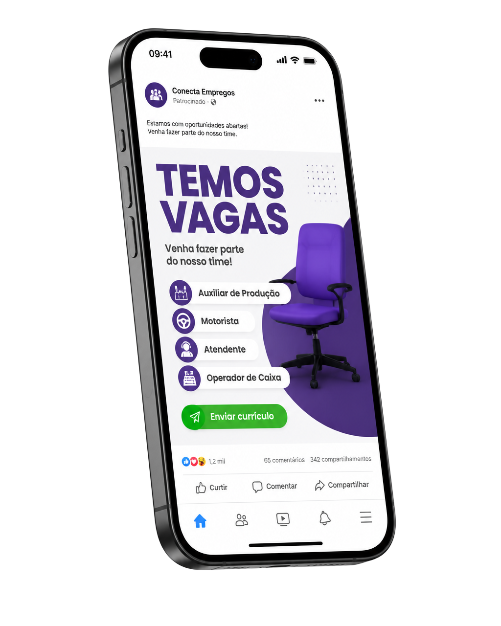 Mockup de celular exibindo um anúncio de vaga com botão Enviar currículo